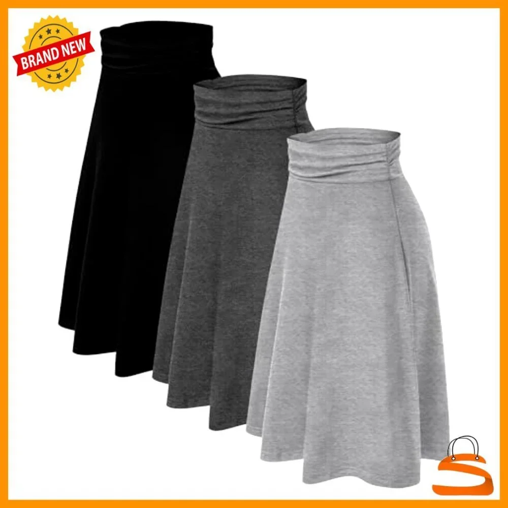 Midi Skirts 3 Pack Flowy Lightweight Elastic Waist Flared Knee Length Summer